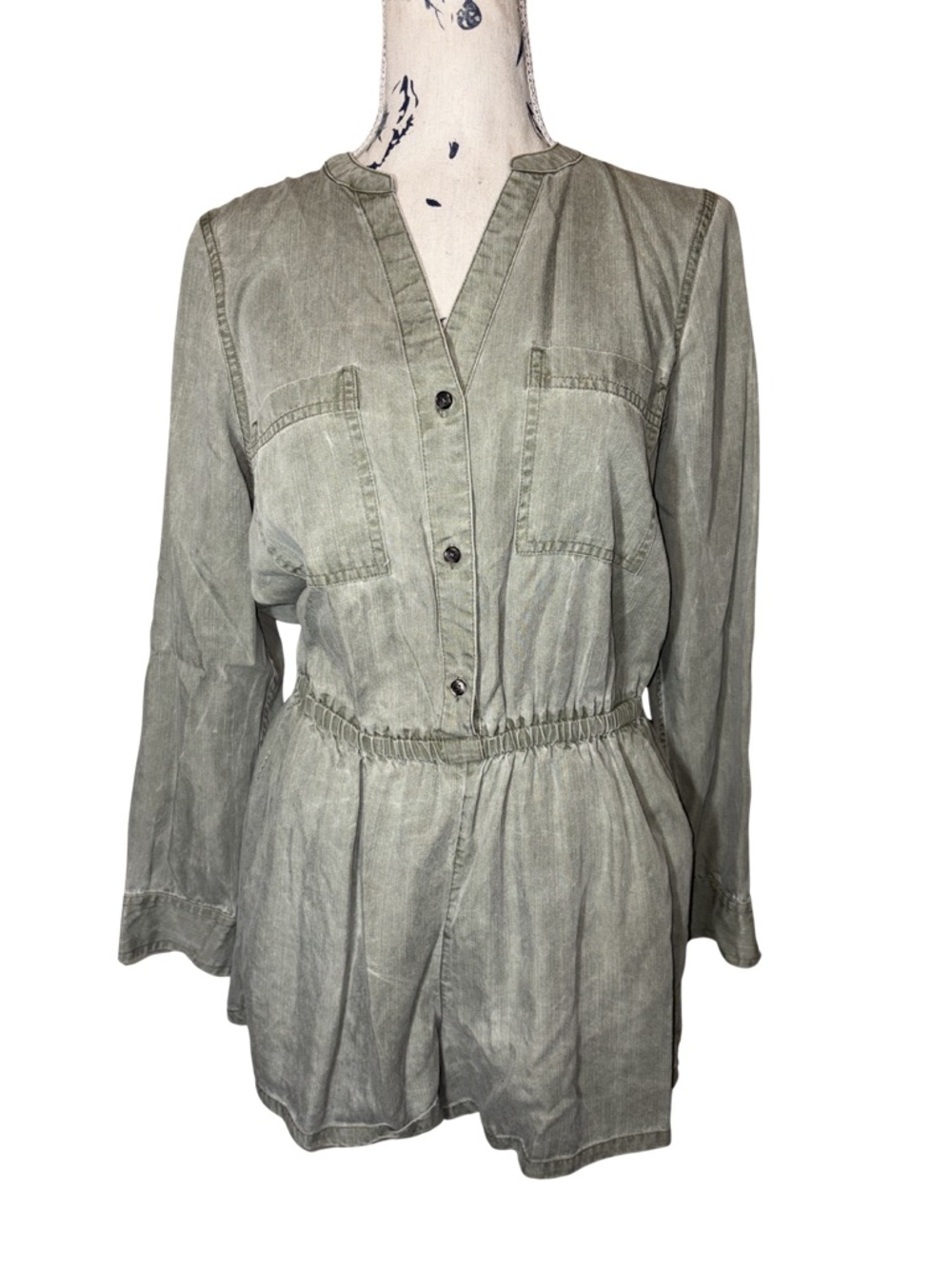 Old Navy Army Green Distressed V-Neck Long Sleeve Button Front Romper S